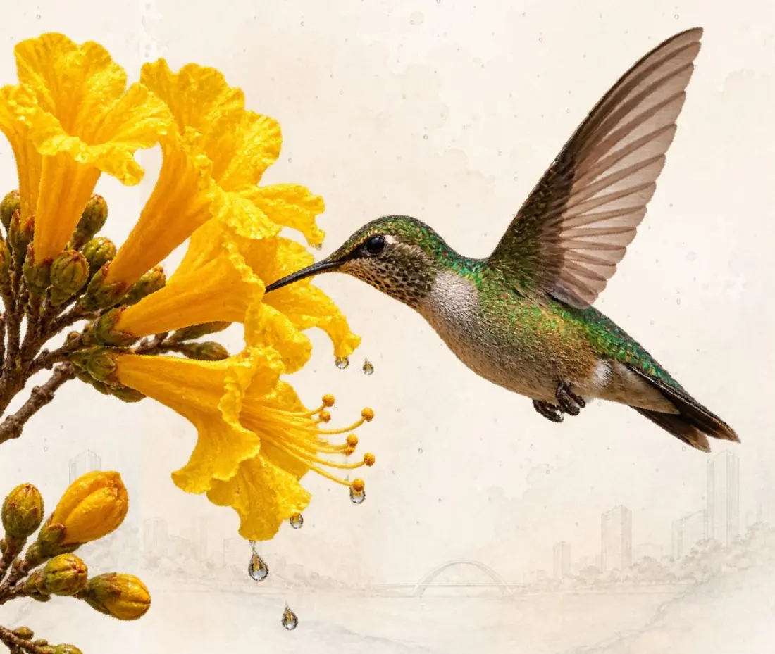Beija-flor colhendo néctar de um ipê-amarelo, com o horizonte de Uberlândia ao fundo